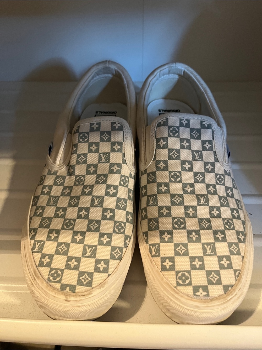 Louis Vuitton Inspired Vans Checker Slip-On Sneakers in Light Grey and White